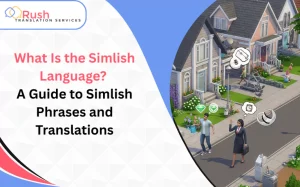 Guide to Simlish phrases and translations with Sims characters in a suburban neighborhood scene.