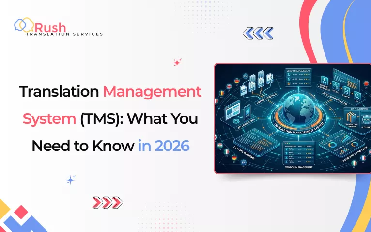 Rush Translation Services banner: Translation Management System (TMS) what you need to know in 2026.