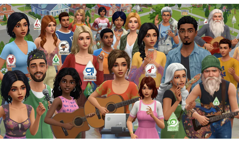  Group of Sims characters with icons and emotions linked to Simlish phrases and translations.<br />
