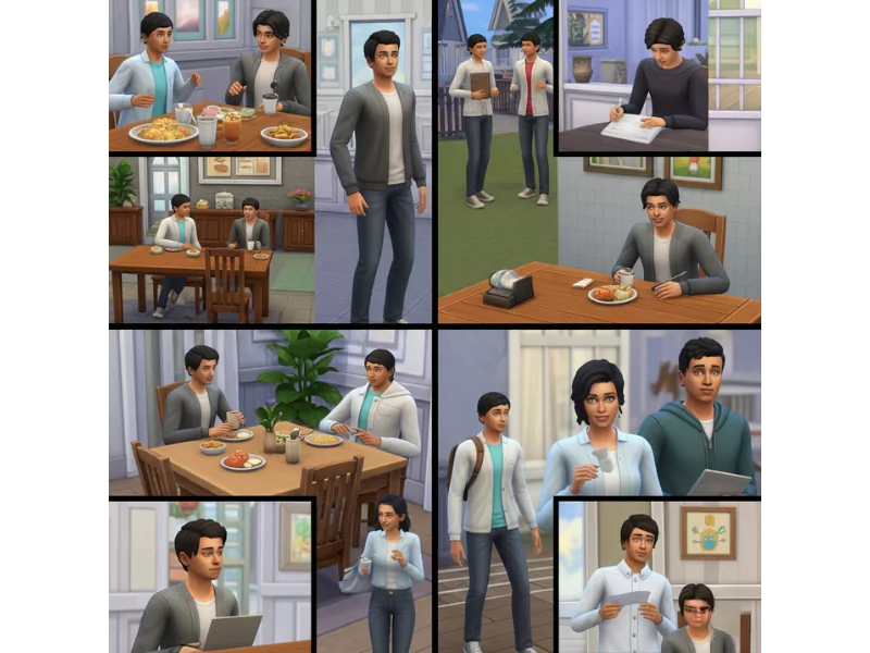 Characters from The Sims showcasing daily life scenes with focus on Simlish phrases and translations.