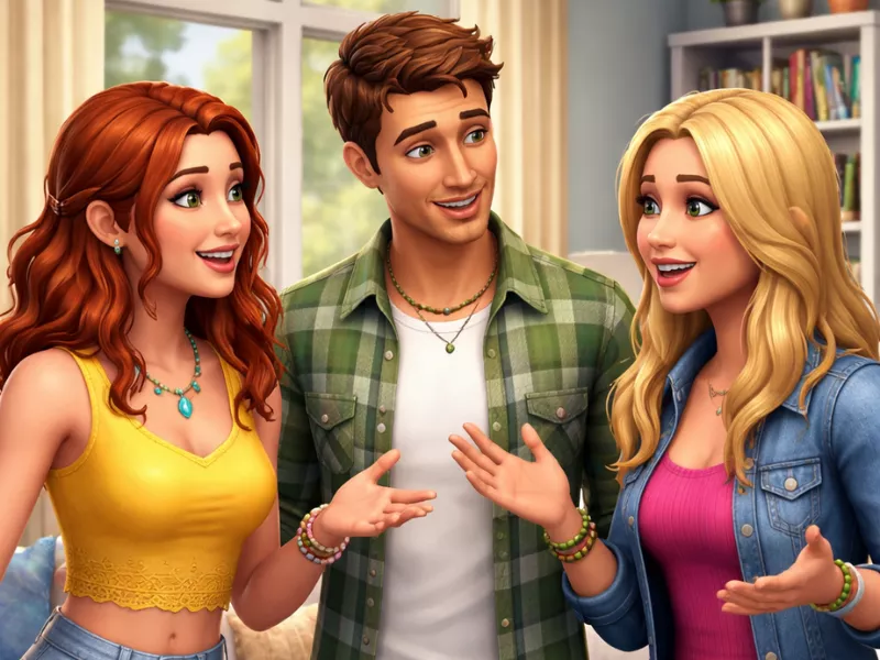 Three Sims chatting in a living room, speaking the Simlish language together