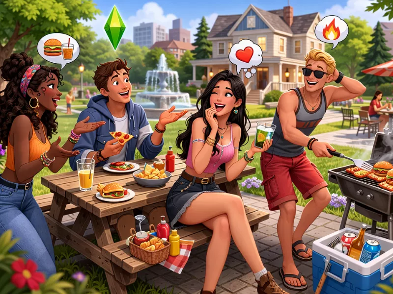 Friends at a backyard BBQ chatting in Simlish language with plumbob overhead