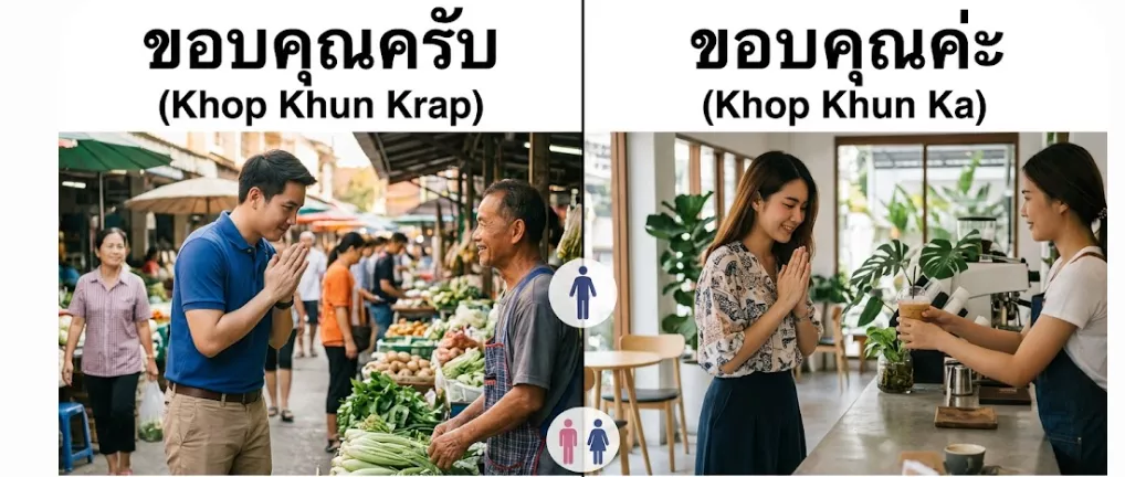 Visual split demonstrating gender-specific polite particles used when giving a Thai wai<br />
