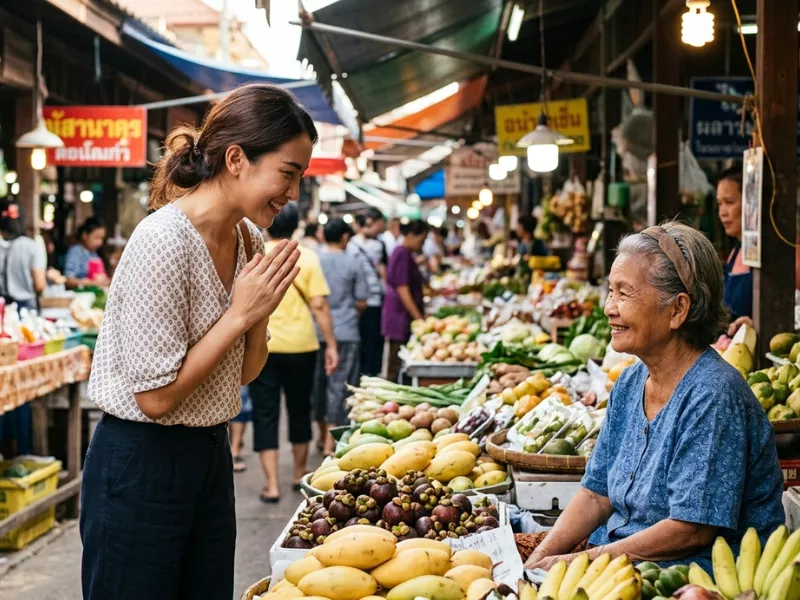 A young woman smiling and doing a wai to an elderly vendor at an outdoor Thai market<br />
