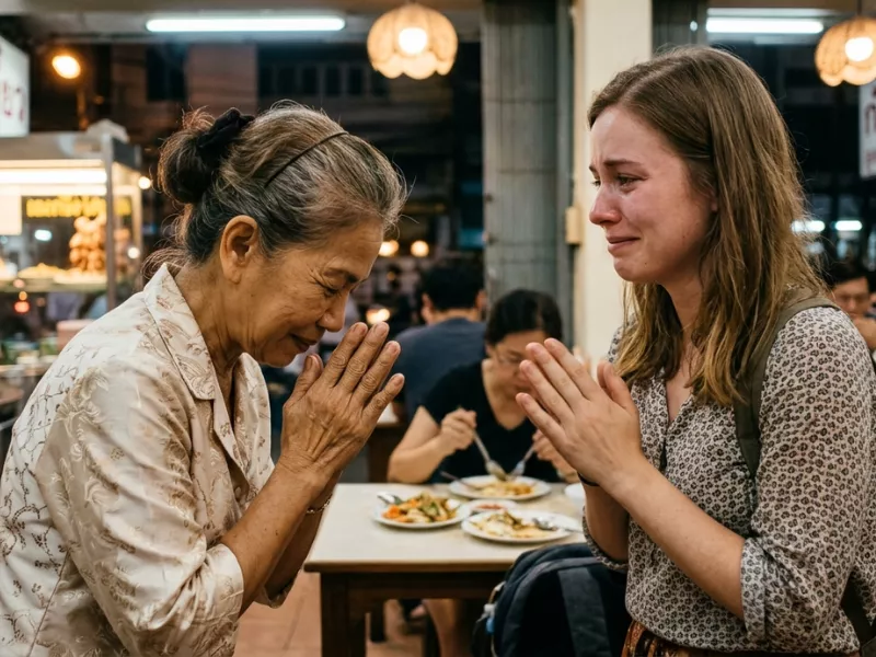 Two women facing each other, crying and smiling, while performing a respectful Thai wai gesture<br />
